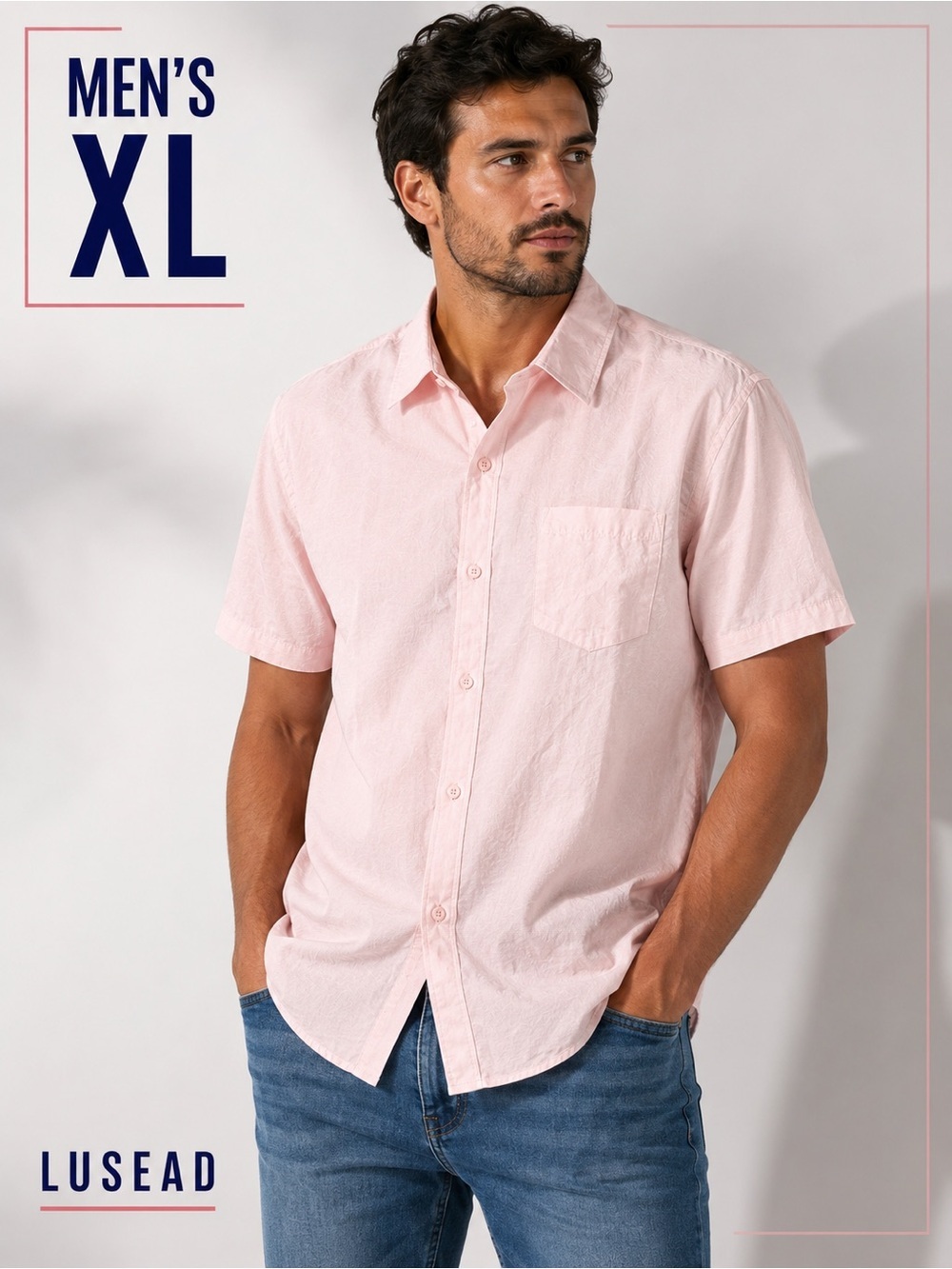 ITALY Short-Sleeve Dress Shirt in Light Pink XL